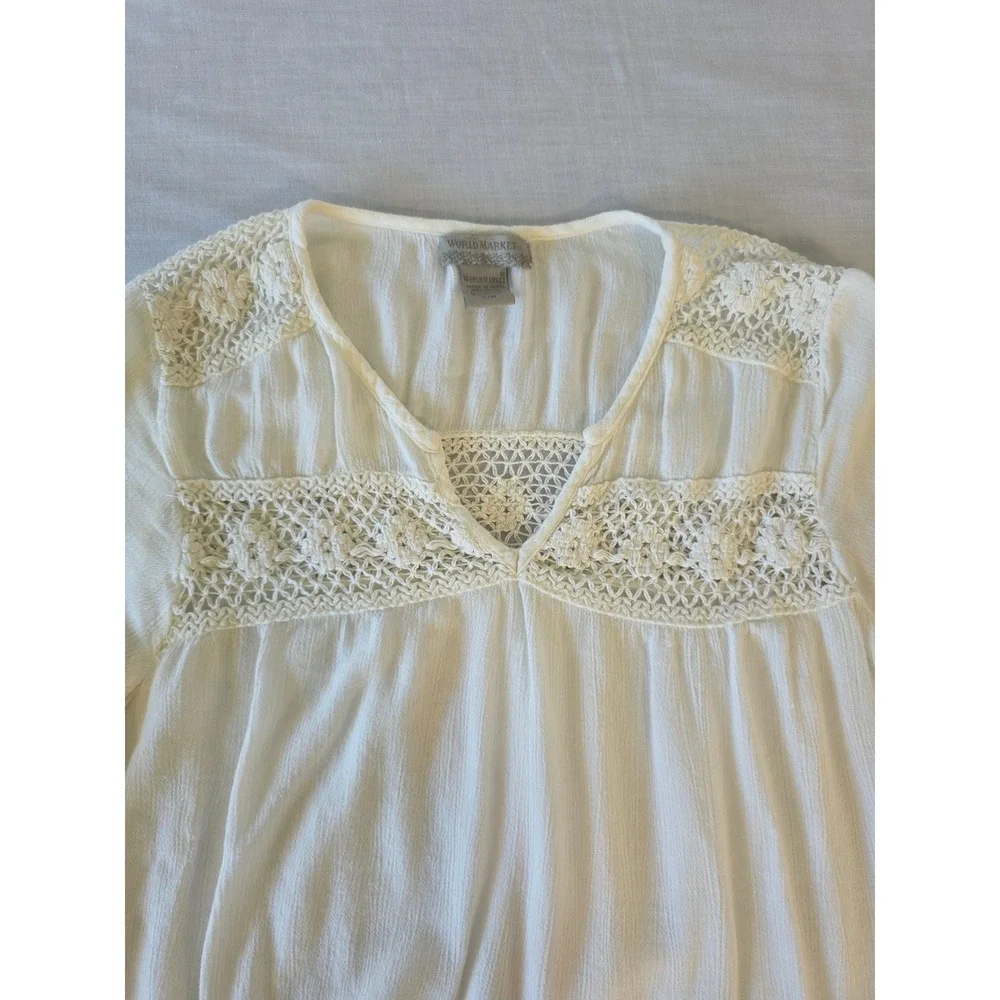 World Market Blouse Crochet Lace Boho Bell Sleeve S/M Ivory Peasant‎ Top